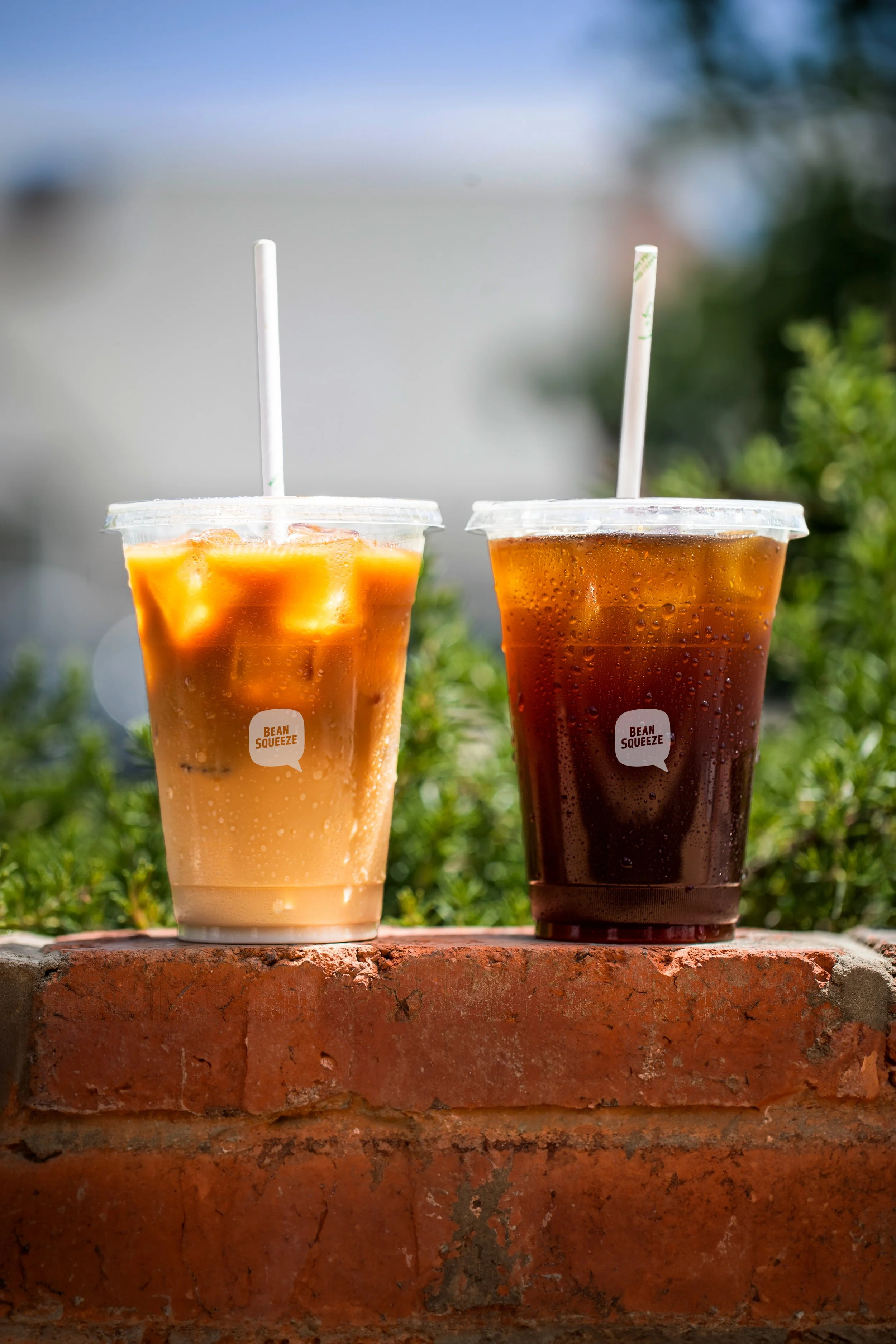 Two Bean Squeeze cold brew coffees on a brick wall