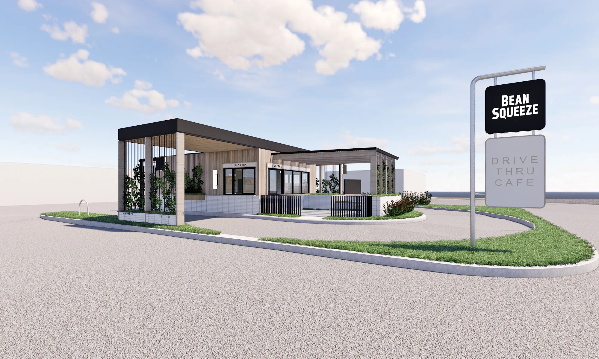 Concept render of a Bean Squeeze drive-thru store with its pylon sign and drive-thru lane