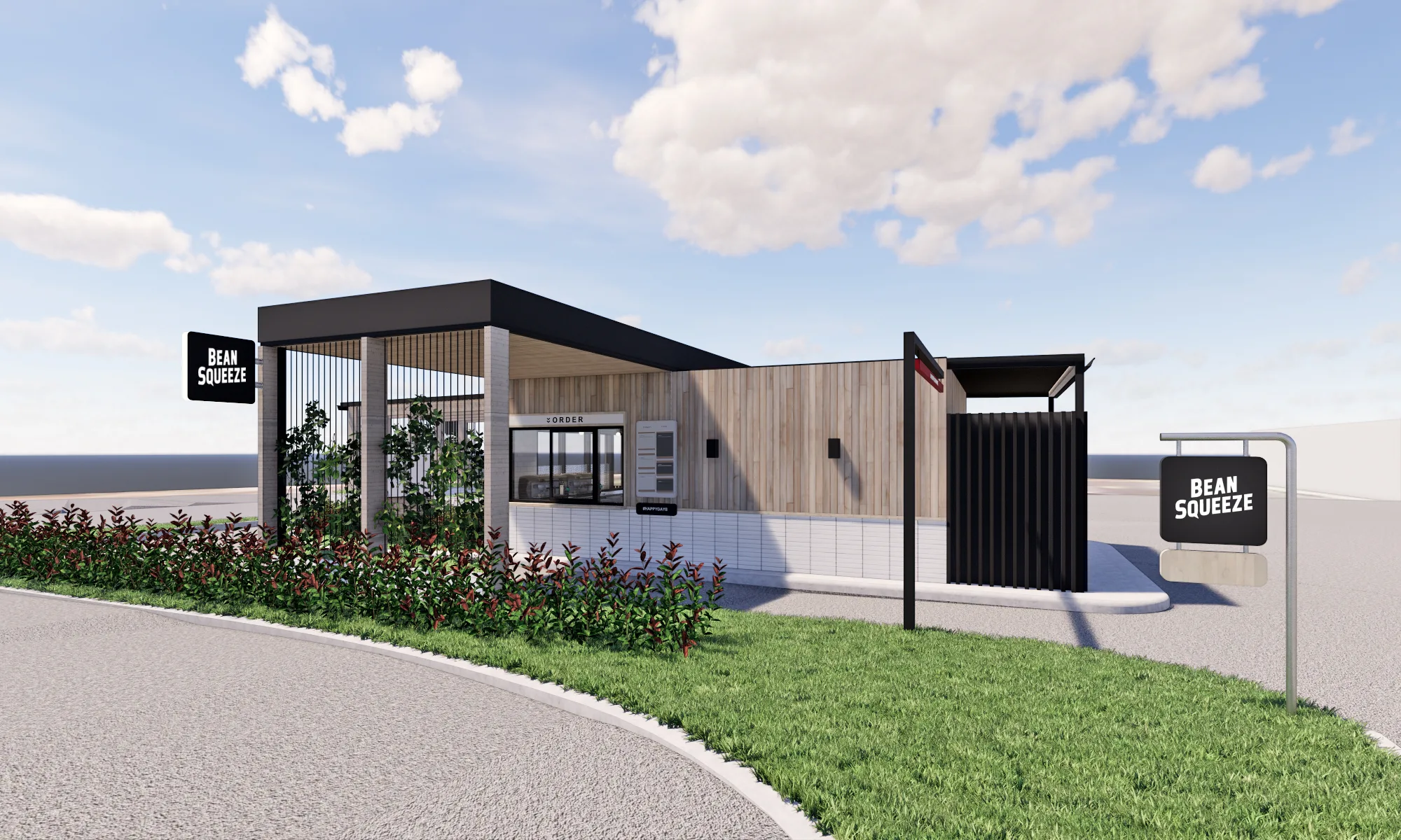 Concept render of a Bean Squeeze drive-thru store showing the order window and signage