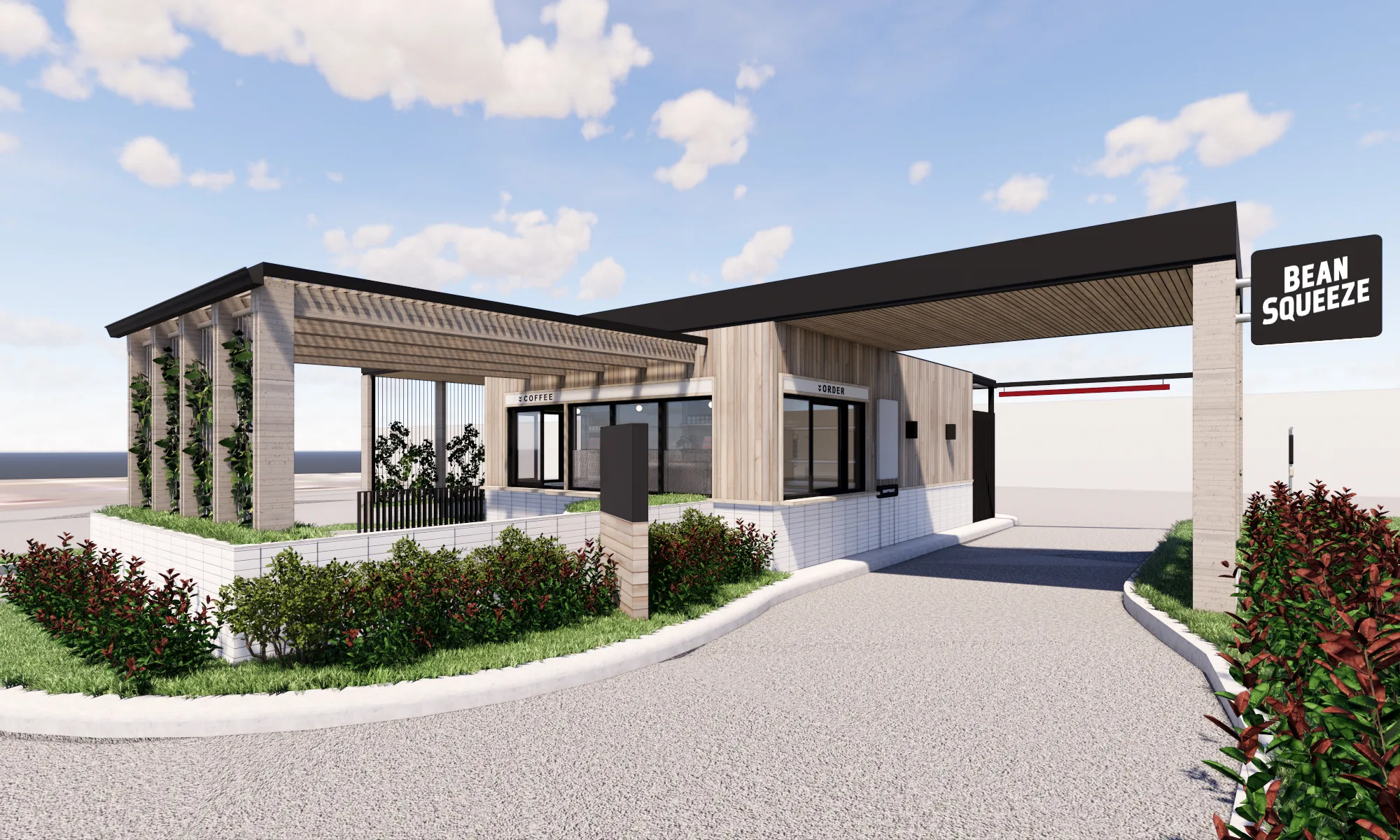Concept render of a Bean Squeeze drive-thru store showing the canopy, planting and entry