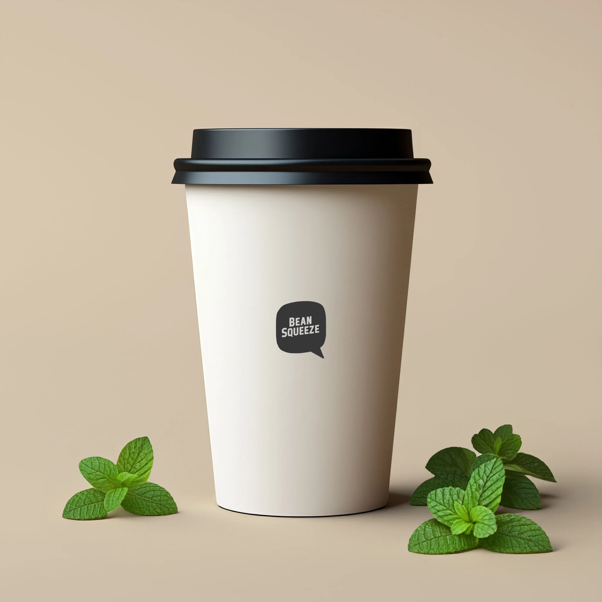 Bean Squeeze takeaway cup with fresh mint leaves